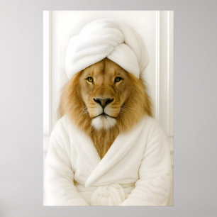 Funny Lion Bathroom Print, Lion In Bathrobe Poster