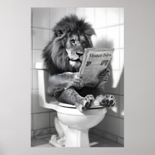 Funny Lion Bathroom Print Vintage Animal on Toilet