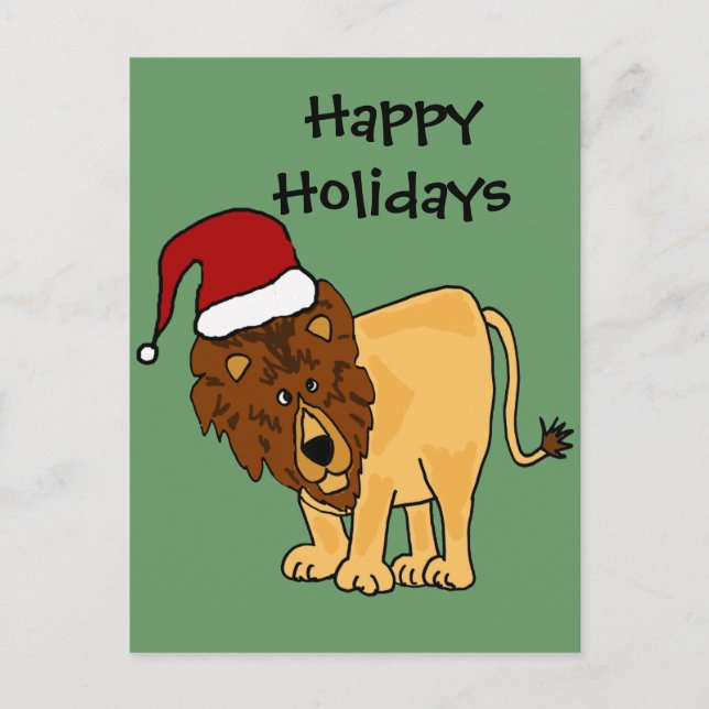 Funny Lion in Santa Hat Christmas Cartoon Holiday Postcard (Front)