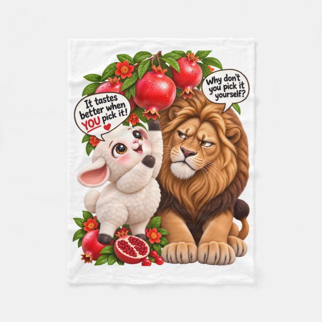 Funny Lion & Lamb Pomegranate Throw Pillow Fleece Blanket (Front)