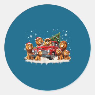 Funny Lion Riding Christmas Tree Truck Christmas  Classic Round Sticker