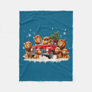 Funny Lion Riding Christmas Tree Truck Christmas  Fleece Blanket