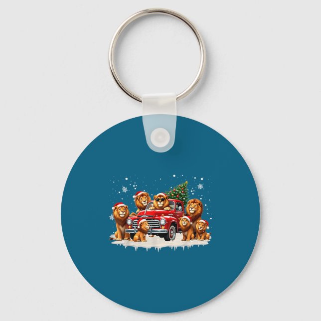 Funny Lion Riding Christmas Tree Truck Christmas  Key Ring (Front)