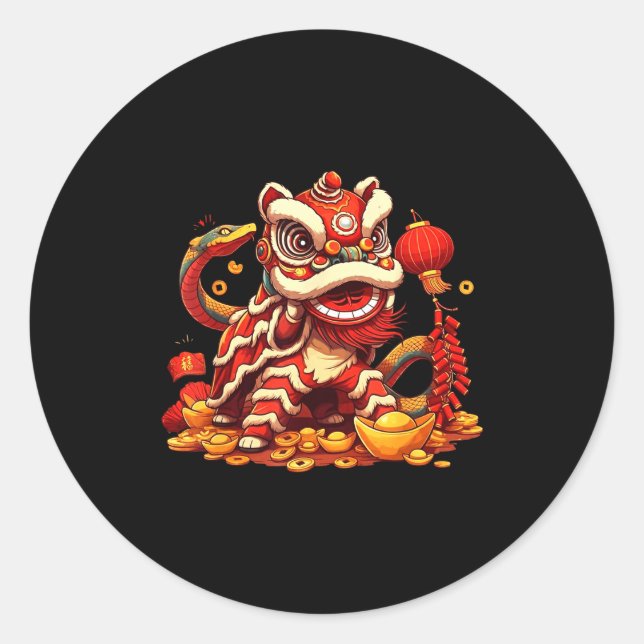 Funny Lion Snake Chinese New Year 2025 Womens Mens Classic Round Sticker (Front)