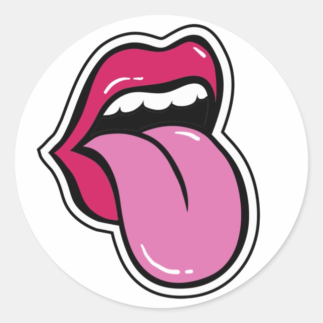 Funny lips are pink. Mouth shows tongue. Pop Art Classic Round Sticker (Front)