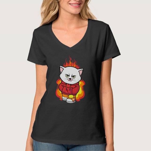 Funny Little Angry Kitten On Fire Cat Lovers T-Shirt (Front)