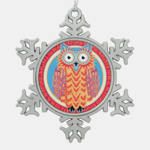 Funny Little Owl Cute and Colourful Christmas Snowflake Pewter Christmas Ornament