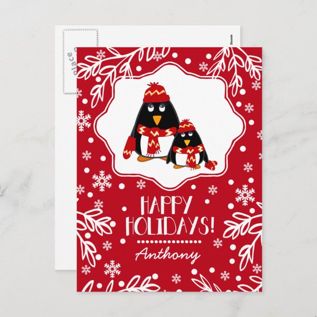  Funny Little Penguins | Custom Name Christmas Holiday Postcard (Front/Back)