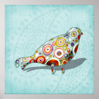 Funny Little Whimsical Bird on Paisley Poster