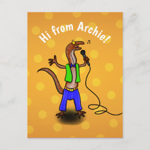 Funny lizard singing cartoon purple green postcard