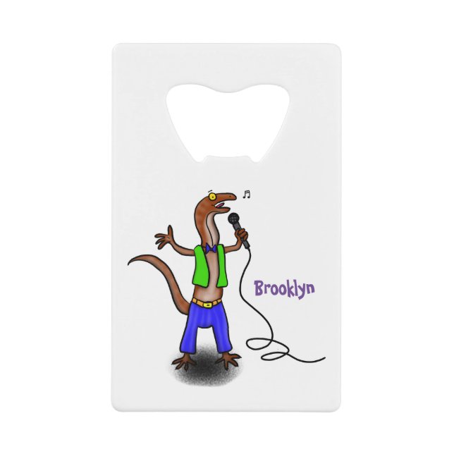 Funny lizard singing with microphone cartoon (Front)