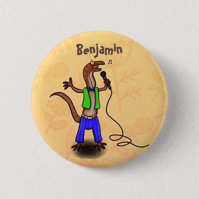 Funny lizard singing with microphone cartoon 6 cm round badge (Front)