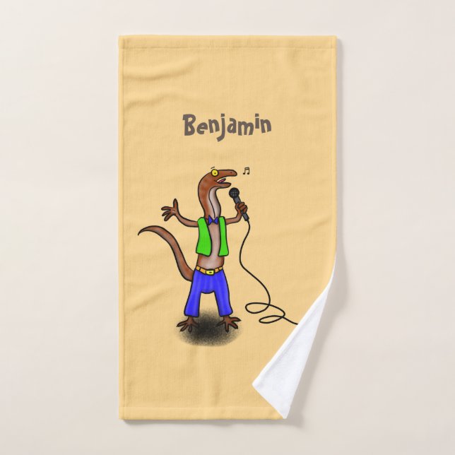 Funny lizard singing with microphone cartoon bath towel set (Hand Towel)