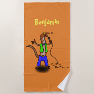 Funny lizard singing with microphone cartoon beach towel