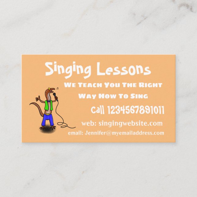 Funny lizard singing with microphone cartoon business card (Front)