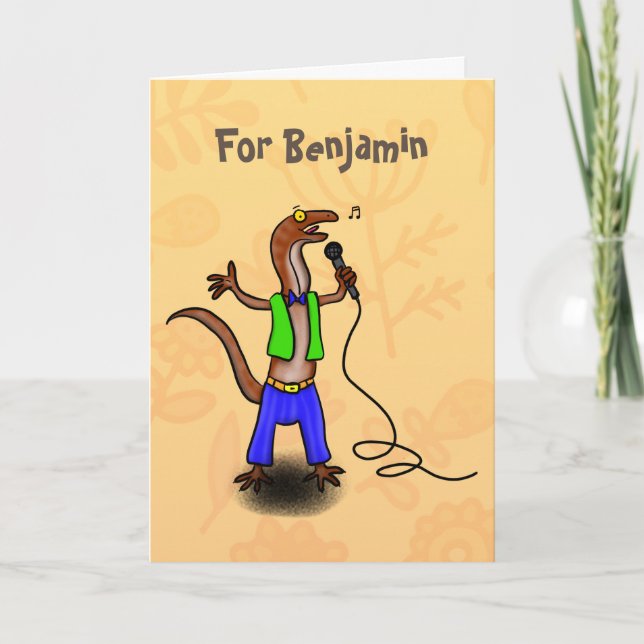 Funny lizard singing with microphone cartoon card (Front)