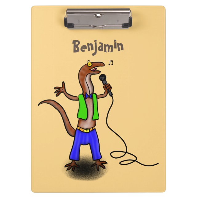 Funny lizard singing with microphone cartoon clipboard (Front)