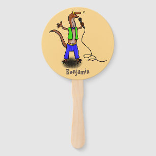 Funny lizard singing with microphone cartoon hand fan