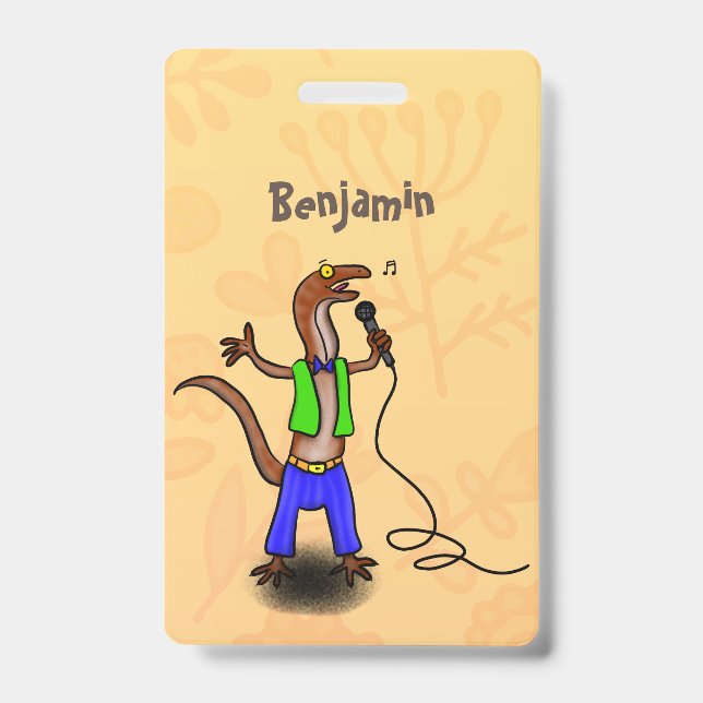 Funny lizard singing with microphone cartoon ID badge (Front)