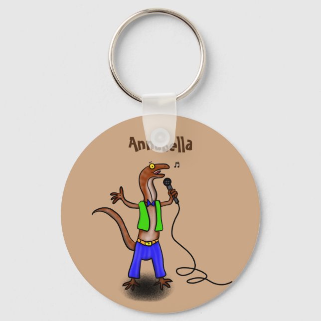Funny lizard singing with microphone cartoon key ring (Front)