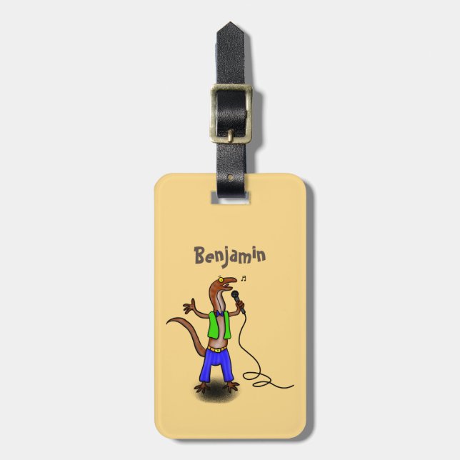 Funny lizard singing with microphone cartoon luggage tag (Front Vertical)