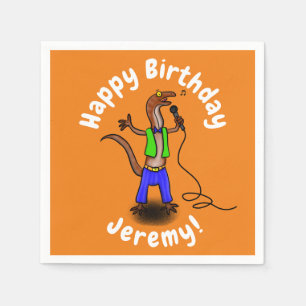 Funny lizard singing with microphone cartoon napkin