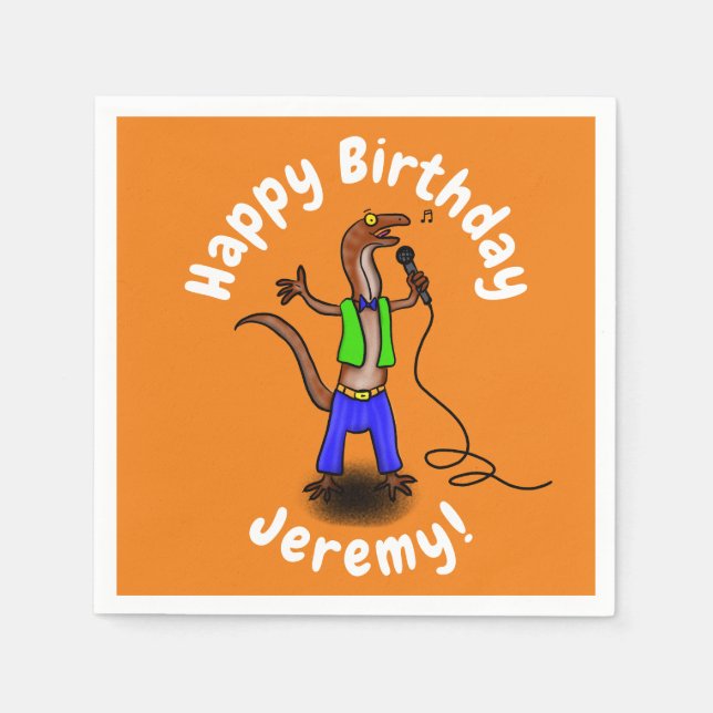 Funny lizard singing with microphone cartoon napkin (Front)