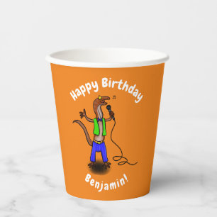 Funny lizard singing with microphone cartoon paper cups