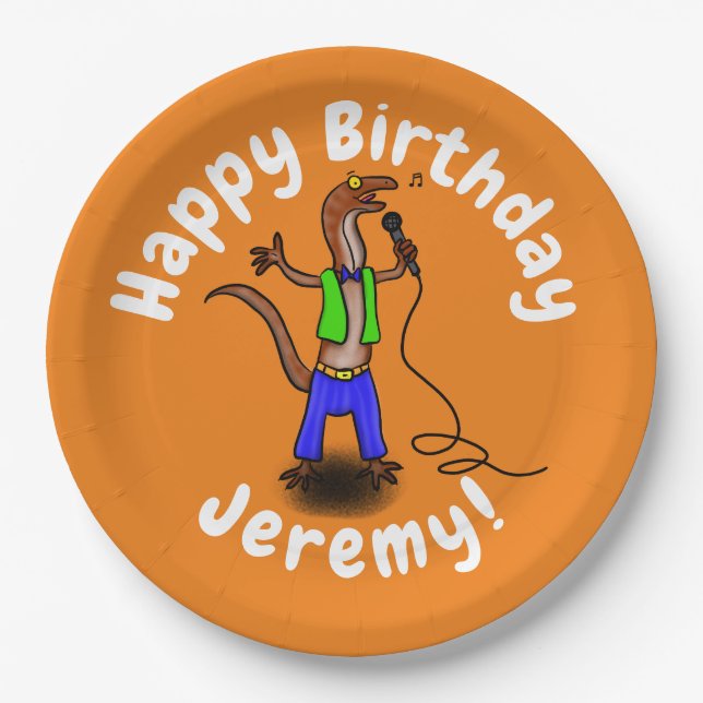 Funny lizard singing with microphone cartoon paper plate (Front)
