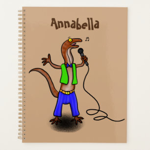 Funny lizard singing with microphone cartoon planner