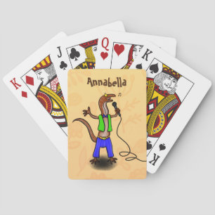 Funny lizard singing with microphone cartoon playing cards