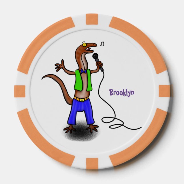 Funny lizard singing with microphone cartoon poker chips (Front)