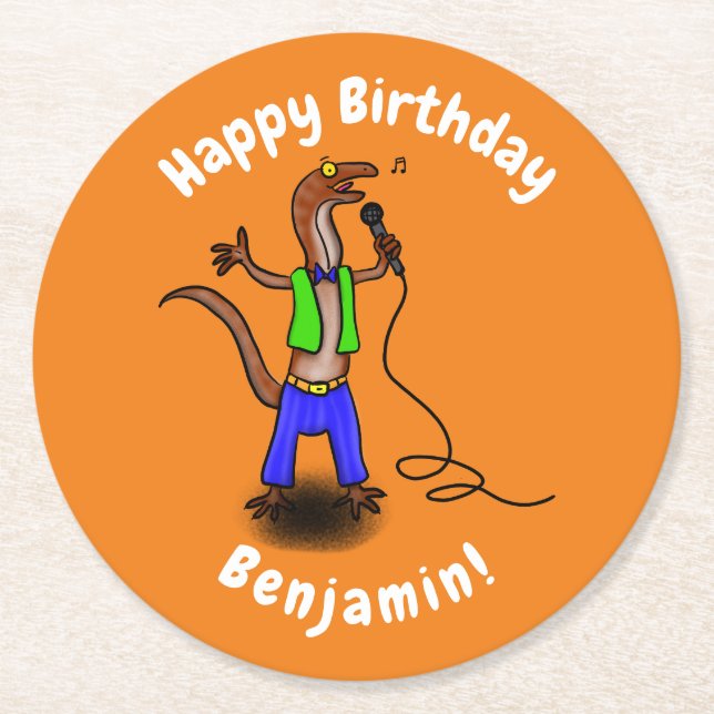 Funny lizard singing with microphone cartoon round paper coaster (Front)