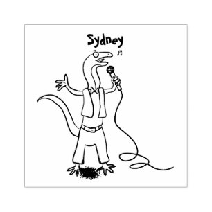 Funny lizard singing with microphone cartoon rubber stamp