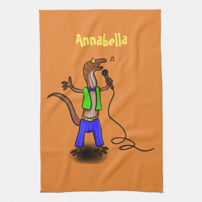 Funny lizard singing with microphone cartoon tea towel (Vertical)