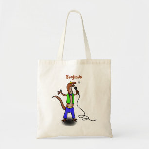 Funny lizard singing with microphone cartoon tote bag