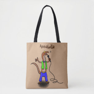 Funny lizard singing with microphone cartoon tote bag