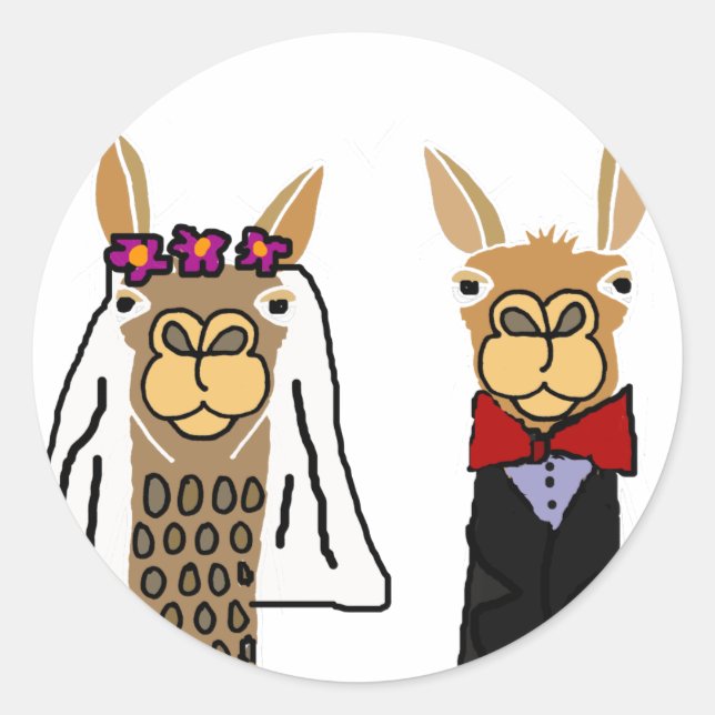 Funny Llama Bride and Groom Wedding Art Classic Round Sticker (Front)