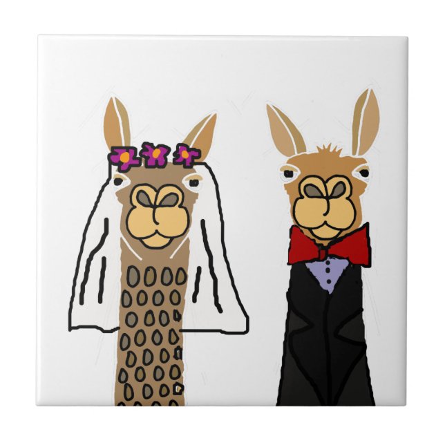 Funny Llama Bride and Groom Wedding Art Tile (Front)