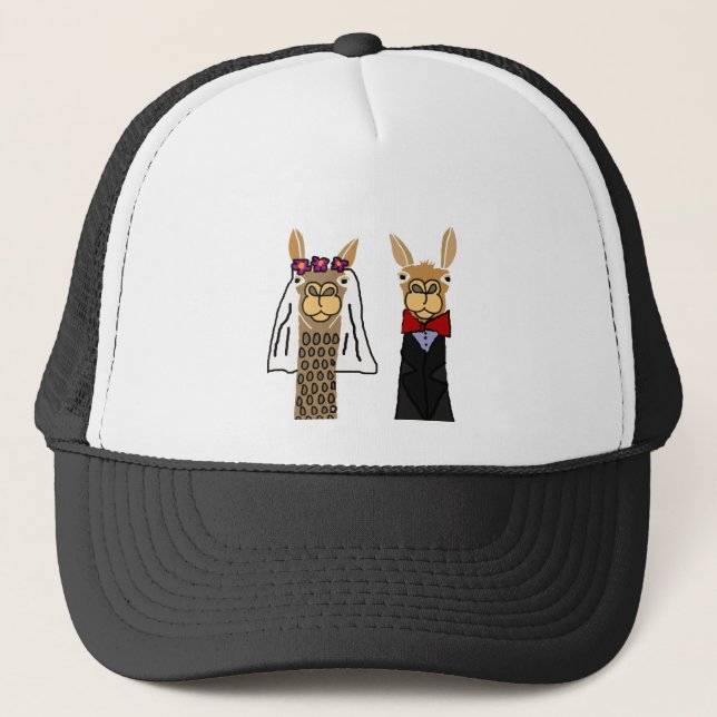 Funny Llama Bride and Groom Wedding Art Trucker Hat (Front)