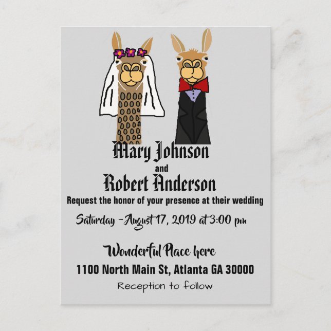 Funny Llama Bride and Groom Wedding Invitation Postcard (Front)
