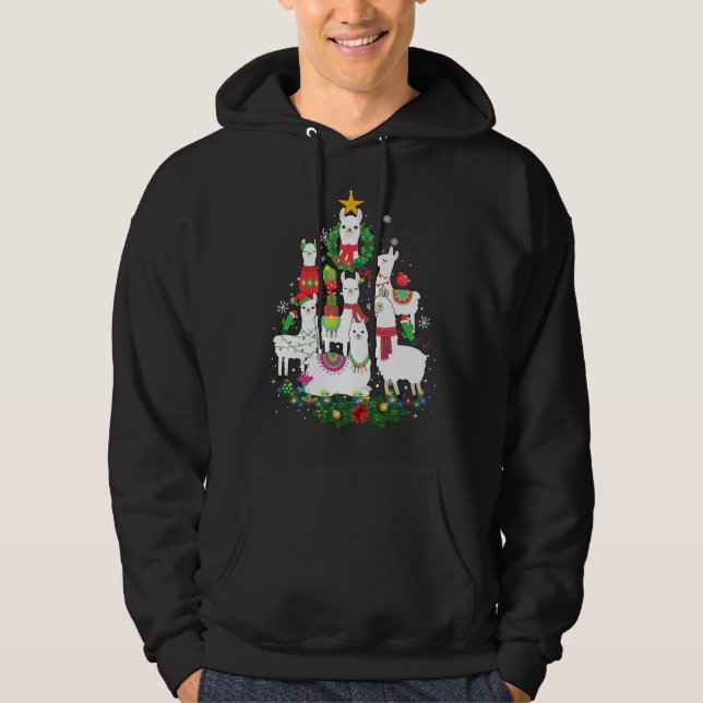 Funny Llama Christmas Tree Alpaca Xmas Lights Holi Hoodie (Front)