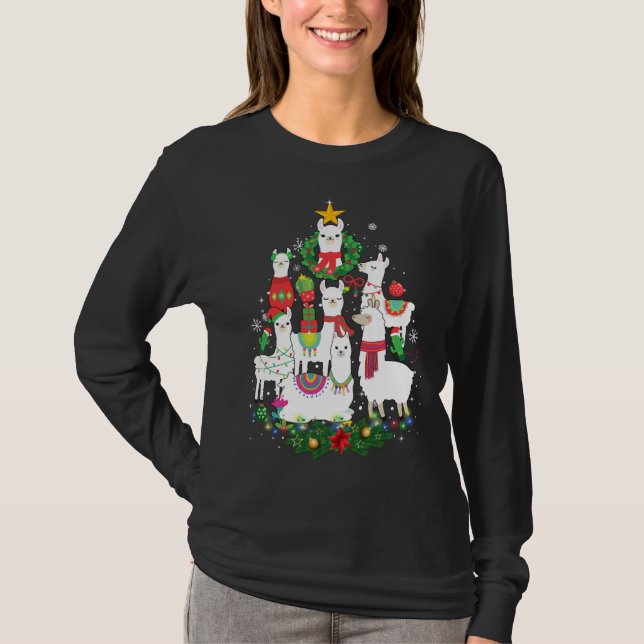 Funny Llama Christmas Tree Alpaca Xmas Lights Holi T-Shirt (Front)