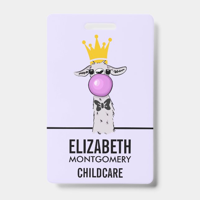Funny Llama Illustration Blowing a Pink Bubble ID Badge (Front)