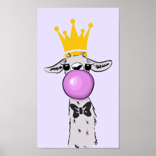 Funny Llama Illustration Blowing a Pink Bubble Poster