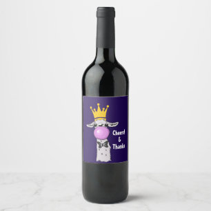 Funny Llama Illustration Blowing a Pink Bubble Wine Label