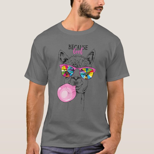 Funny Llama In A Rainbow Glasses, Pink Bubble Gum T-Shirt (Front)