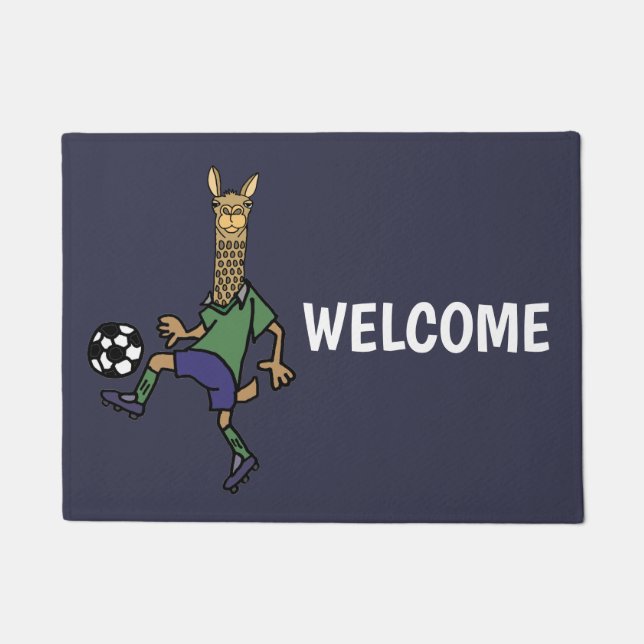 Funny Llama Playing Soccer Cartoon Doormat (Front)