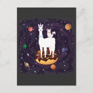 Funny Llama Unicorn with Cat on a Doughnut Galaxy Postcard