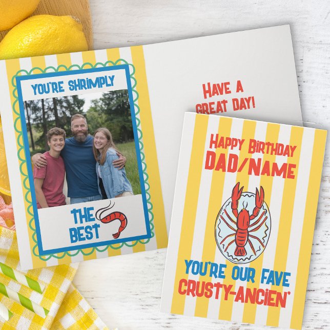 Funny Lobster Amalfi Yellow Stripe Photo Birthday Card (funny birthday photo card with lobster and crustacean themed dad joke)